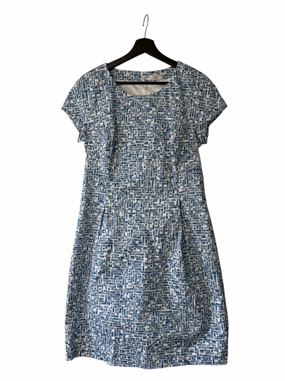 Peserico Woman’s Blue White Geometric Cap Sleeve Sheath Dress Luxury IT 46 US 12